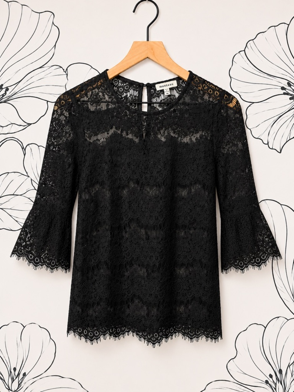 Monteau Black Lace Overlay Bell Sleeve Blouse (267)